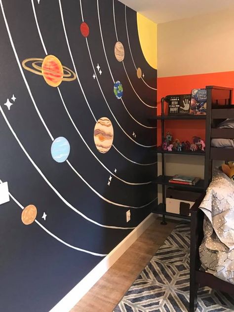 Diy Space Mural, Solar System Bedroom Ideas For Kids, Outer Space Kids Room, Rocket Mural, Space Mural Kids Room, Space Themed Room Aesthetic, Boys Room Space Theme, Boy Space Room, Space Bedroom Boys