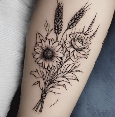 Country Floral Tattoo, Floral Tattoo Styles, Women's Tattoo Thigh, Cowboy Hat And Flowers Tattoo, Upper Thigh Hip Tattoo Women, Western Calf Tattoo, Ffa Tattoo Ideas, Wood Tattoo Design, Western Sunflower Tattoo