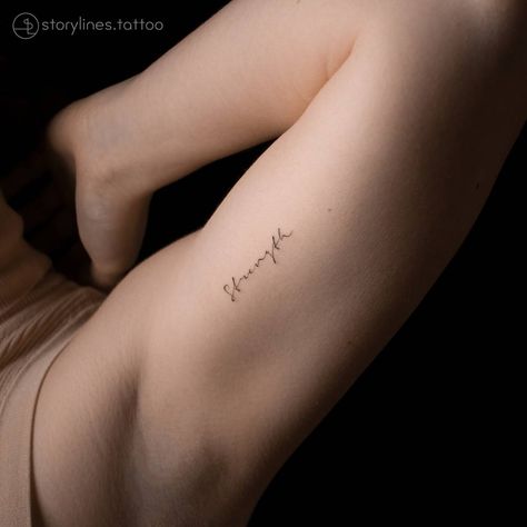 Quiet Strength Tattoo, Fine Line Strength Tattoo, Strength Word Tattoo, Tattoo For Strength Women, Empowering Tattoos Strength, Women Strength Tattoo, Strength Tattoos For Women, Tattoo Strength, Word English