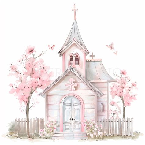 Church Watercolor, Church Clipart, Pink Church, Bible Painting, Watercolor Woman, Special Images, Paper Printable, Unique Greeting Cards, Holy Mary