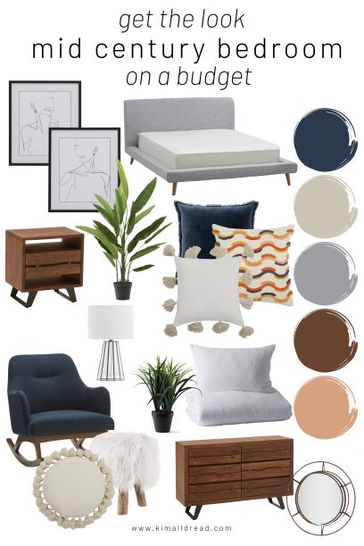 Structube Carme Bedroom, Navy Blue Mid Century Bedroom, Structube Bedroom Ideas, Small Bedroom Mood Board, Guest Bedroom Ideas Mid Century Modern, Mid Century Modern Bedroom Mood Board, Mid Century Modern Bedroom Blue, Midcentury Bedroom Ideas Master, Mid Century Glam Bedroom