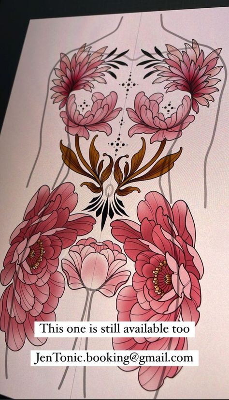 Below Chest Tattoo Female, Tattoo Ideas For Plus Size Women, Neotraditional Chest Piece, Neotrad Stomach Tattoo, Neo Traditional Back Tattoo Women, Tattoo Bodysuit Woman, Botanical Chest Tattoo Female, Japanese Bodysuit Tattoo, Whole Body Tattoo Woman