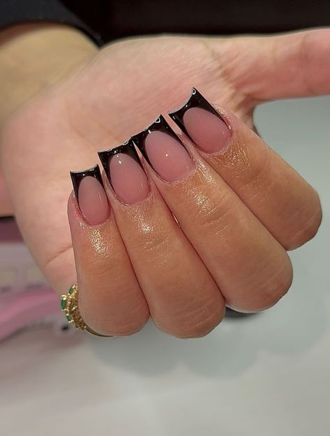 Black French Tip Halloween Nails Acrylic, Nail Inspiration French Tip Square, Black Squared French Tips, Dark Chrome French Tip Nails, Black Small French Tip Nails, Black French Tip Design Nails, Short French Halloween Nails, Nails For Hoco Black Dress, Color French Tip Nails Fall