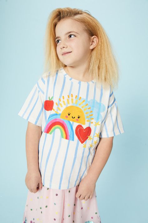 printed organic cotton jersey tee- soft organic cotton jersey fabrication- front feature placement print- crew neckline- short sleeves with drop shoulder look- relaxed, straight fit- exclusive gorman kids print Product Code: GKGY077 Rainbow Scene, Rainbow Clothes, Scrubs Dress, Raincoat Kids, Fun Clothes, Placement Print, Kids Print, Kids Summer Fashion, Skirts For Kids