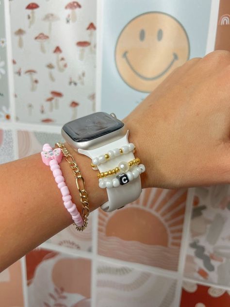 shop prime day deals! Smart Watch Accessories, Bracket Stack With Apple Watch, Beaded Watch Charms, Apple Watch Band Bracelet, Bracelet With Apple Watch, Bracelets With Apple Watch, Apple Watch Aesthetic, Apple Watch Jewelry, Apple Watch Charms