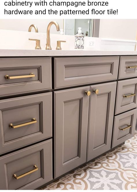 Dark Gray Cabinets Bathroom, Master Bath Cabinet Colors, Tan Bathroom Cabinets, Bathroom Cabinet Color Ideas, Restroom Cabinets, Tan Bathroom, Bathroom Cabinet Colors, Grey Bathroom Cabinets, Champagne Bronze Hardware