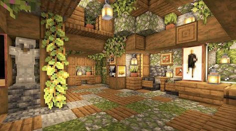 Cute Minecraft Cottage Small Interior, Aesthetic Minecraft Houses Interior, Minecraft Cave Cottage, Inside House Design Minecraft, Minecraft Spruce Interior Design, Cave Room Ideas Minecraft, Aesthetic Minecraft Cave Builds, Minecraft Mountain House Ideas Interior, Minecraft Treehouses Interior