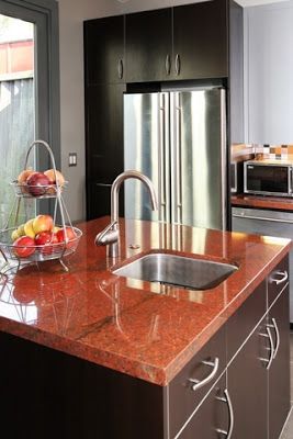 Delorme Designs: SEEING RED!! RED COUNTERTOPS. Red Marble Kitchen, Red Granite Countertops, Vermont Kitchen, Marble Kitchen Countertops, Best Countertops, Countertop Paint, Countertop Inspiration, Red Granite, Sky Ranch