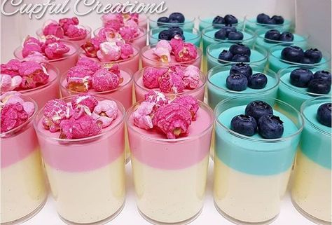 Blue And Pink Desserts, Gender Reveal Jello Cups, Blue Jello Dessert, Fruit Cups Ideas, Pink And Blue Jello Shots Gender Reveal, Pink And Blue Drinks For Gender Reveal, Pink And Blue Foods For Gender Reveal, Pink And Blue Snacks Gender Reveal, Blue And Pink Drinks Gender Reveal