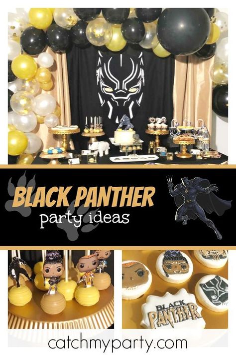 Wakanda FOREVER!! Check out this amazing Black Panther birthday party! The cookies are incredible!! See more party ideas and share yours at CatchMyParty.com  #catchmyparty #partyideas #blackpantherbirthdayparty #boybirthdayparty #superherobirthdayparty #blackpanther #wakanda Wakanda Forever Party Theme, Wakanda Birthday Party, Wakanda Party, Black Panther Theme, Black Panther Birthday Party, Black Panther Cake, Black Panther Birthday, Black Panther Mask, Black And White Balloons