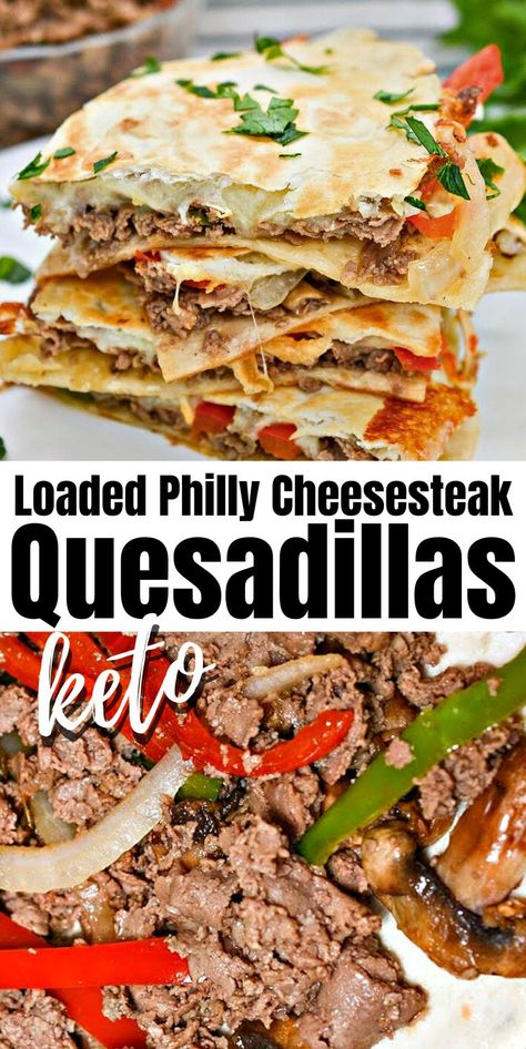 Loaded Keto Philly Cheesesteak Quesadillas - Filled with layers of cheesy pepper goodness, these keto Philly cheesesteak quesadillas are a party on your plate! They are low-carb, gluten-free, and perfect for either lunch or dinner. #keto #ketorecipes #ketodiet #Ketocheesesteak #ketoquesadillas #cheesesteakquesadillas #quesadillas #dinner #lunch #food #recipes Keto Philly Cheesesteak Recipes, Low Carb Philly Cheesesteak Lasagna, Low Cal Philly Cheesesteak, Low Carb Philly Cheesesteak Bowl, Philly Cheesesteak Quesadilla Recipes, Steak Low Carb Recipes, Keto Philly Cheesesteak Roll Up, Keto Quesadilla Recipes, Ground Beef Recipes For Dinner Keto