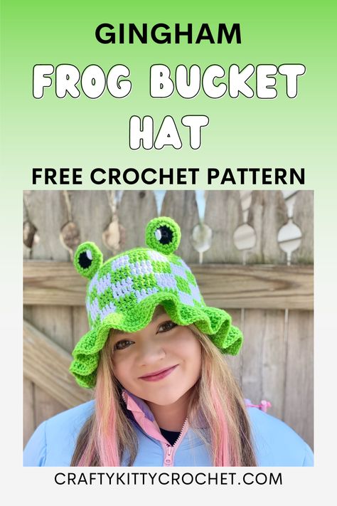 woman wearing a crocheted frog bucket hat Kawaii Crochet Hat Pattern Free, Frilly Bucket Hat Crochet Pattern, Cute Hat Crochet Pattern Free, Kids Bucket Hat Crochet, Free Cottagecore Crochet Patterns, Frog Bucket Hat Crochet Pattern Free, Ruffle Hat Crochet Pattern, Crochet Bucket Hats Free Pattern Easy, Crochet Frog Hat Pattern Free