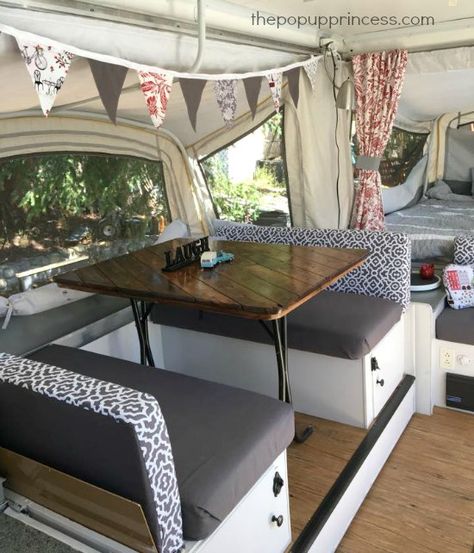 Teresa's Pop Up Camper Remodel - The Pop Up Princess Tent Trailer Remodel, Camper Table, Kombi Trailer, Pop Up Princess, Popup Camper Remodel, Camper Interior Design, Camper Hacks, Rv Makeover, Tent Trailer