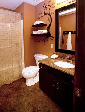 Traditional Bathroom small bathroom Design Ideas, Pictures, Remodel and Decor. This one uses floating shelves and a custom coat rack Cherry Wood Bathroom Decor, Dark Brown Restroom Decor Ideas, Small Bathroom Ideas Brown Tile, Wood Bathroom Ideas, Home Design Bathroom, Dark Vanity, Bathroom Color Ideas, Dark Brown Bathroom, Small Baths