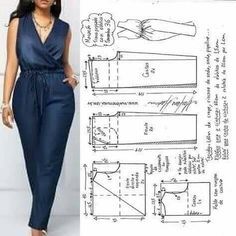 Pola Jumpsuit, Celana Jogger Wanita, Jumpsuit Pattern Sewing, Trousers Pattern, Sewing Pants, Girls Dress Sewing Patterns, Sewing Clothes Women, Dress Making Patterns, Jumpsuit Pattern