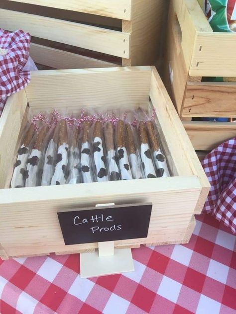 Cow Theme Snack Table, Farm Pretzel Rods, Cow First Birthday Food Ideas, Cowboy Pretzel Rods, Cow Pretzel Rods, Rodeo Theme Dessert Table, Western Pretzel Rods, Cow Party Snacks, Adopt A Cow Party Favor