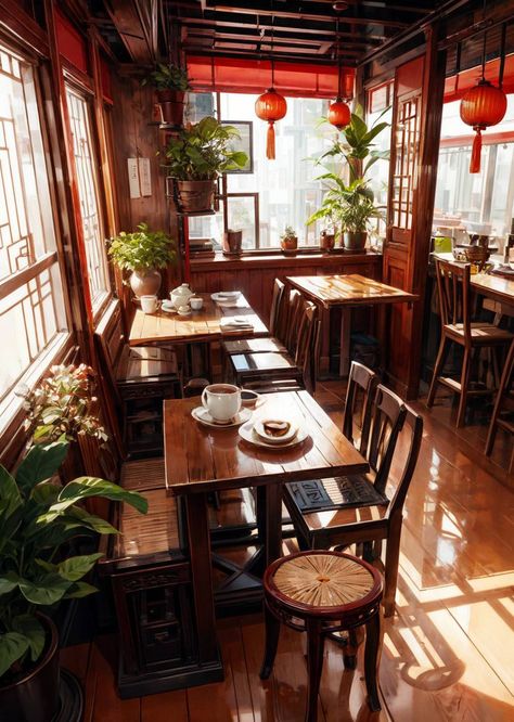 Chinese Cafe Interior Design, Chinese Tea Room Interior, Traditional Japanese Cafe, Chinese Coffee Shop, Japanese Cafe Interior, Chinese Cafe Design, Cafe Mirror, Chinese Restaurant Interior Design, Old Coffee Shop