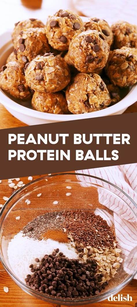 Peanut Butter Protein Balls are the healthy snack that'll fill you up. Get the recipe at Delish.com. #recipe #easy #easyrecipes #delish #peanutbutter #protein #balls #chocolate #snack #oats #healthy #flax #chia #healthysnack #diet Peanut Butter Protein Balls, Protein Balls Recipes, Plats Healthy, Dessert Vegan, Healthy Protein Snacks, Protein Dinner, Lunchbox Treats, Artificial Food, Protein Powder Recipes