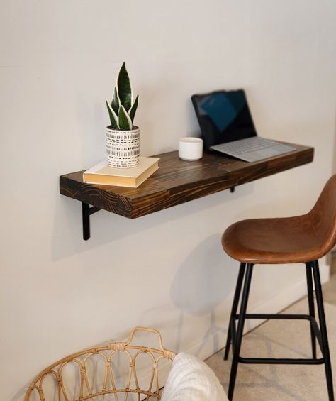 Wall mounted desk. Includes brackets. https://etsy.me/3YZYwbo #yes #wallmounteddesk #woodfloatingdesk #wallmountedbar #wallmountedtable #woodfloatingtable #woodfloatingbar #largefloatingshelf #floatingbartable https://lakeshorewoodco.etsy.com Floating Shelf Desk, Small Space Room, Desk Bar, Mounted Desk, Wall Mounted Bar, Floating Table, Wall Mounted Shelf, Wall Mounted Table, Wall Mounted Desk