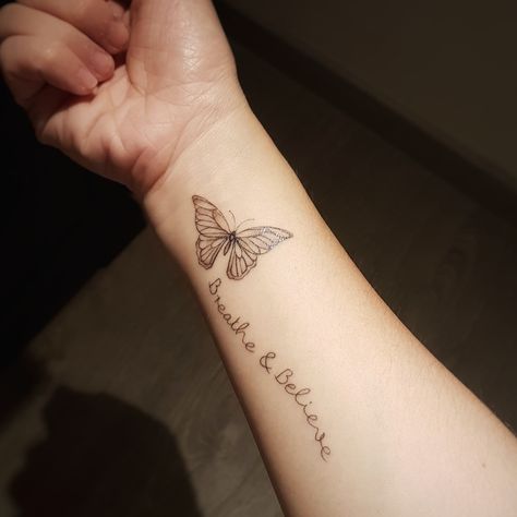 My beautiful butterfly tattoo healing well in just 10 over days! #butterflytatoo #beautifultattoo #prettybutterflytatoo #meaningfultattoo #breath&believe #personal #dailyreminder #virgintattoo #exotictattoo&piercing #talentedartist #sutatoo #singapore Breathe And Believe Tattoo, Butterflies Around Words Tattoo, Breathe Butterfly Tattoos, Butterfly Breathe Tattoo, Butterfly Healing Tattoo, Butterfly Bracelet Tattoo, Resilience Butterfly Tattoo, Just Breathe Butterfly Tattoo, Believe Butterfly Tattoo