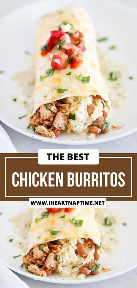 These chicken burritos are made with crispy flour tortillas filled with shredded honey lime chicken, cilantro lime rice, pinto beans and melted cheese. Then topped with a creamy salsa verde sauce. Cilantro Lime Chicken Burritos, Chicken And Cilantro Lime Rice, Crispy Flour Tortillas, Chicken Rice Burrito, Rice And Bean Burrito, Chicken Cilantro Lime, Salsa Verde Sauce, Creamy Salsa Verde, Bacon Rice