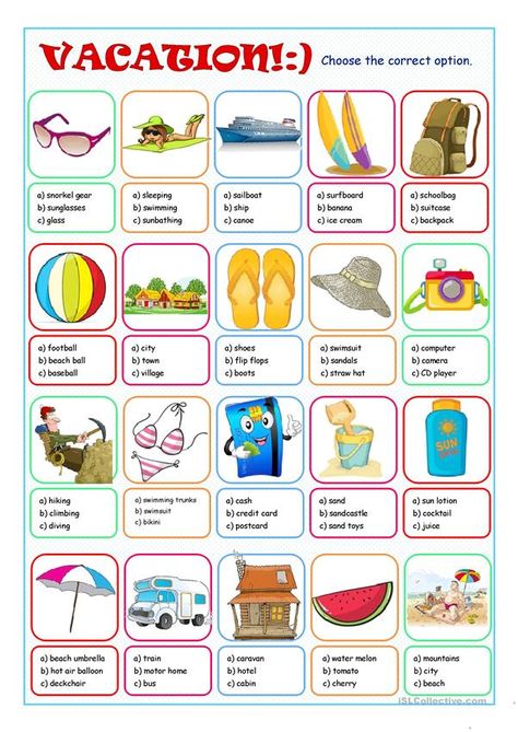 Vacation Multiple Choice - English ESL Worksheets Holiday Worksheets, Vacation Activities, Activities Worksheet, Kids Vacation, Vocabulary Worksheets, English Worksheets, Educational Worksheets, Teaching Jobs, Esl Worksheets