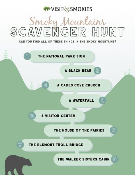 Smoky Mountains Scavenger Hunt: 8 of the Best Things to See in the Smoky Mountains Mountain Scavenger Hunt, Outdoor Dates, Scavenger Hunt List, Mountains Vacation, Mountain Trip, Cabin Trip, Smoky Mountains Vacation, Water Games For Kids, Scavenger Hunt For Kids