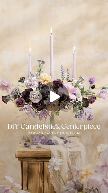 Diy Purple Flower Arrangements, Candle Holder Floral Arrangement, Candle Holder Flower Arrangement, Flower Centerpieces Diy, Floral Wedding Decor, Purple Flower Arrangements, Candle Holder Centerpiece, Diy Centerpiece, Floral Wedding Decorations