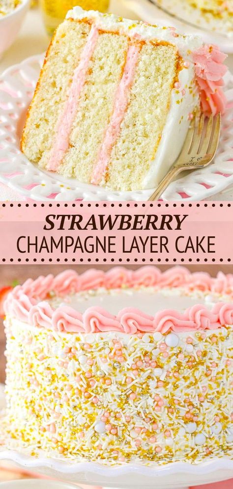 Made with layers of soft, moist champagne cake and a combination of fresh strawberry buttercream and silky champagne frosting, this delectable cake will turn heads at any celebration. Whether it’s a graduation, a 21st birthday or a holiday weekend, it’s a great time to indulge in this Strawberry Champagne Layer Cake! Strawberry Champagne Cake, Booze Cakes, Easy Sheet Cakes, Strawberry Wedding Cake, Flavoured Cakes, Champagne Frosting, Cake With Strawberry Frosting, Champagne Cake Recipe, Pink Recipes