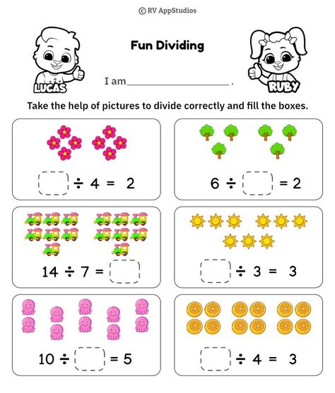 Math practice worksheet for children to learn division. Free printable for kindergarten to count and divide. Download and print to begin the fun. #division #rvappsrudios #Worksheet #mentalmaths #education Division For Kids, Activity Pages For Kids Free Printables, Kindergarten Addition Worksheets, Math Practice Worksheets, Free Printable Math Worksheets, Preschool Math Worksheets, Division Worksheets, 2nd Grade Worksheets, Printable Math Worksheets