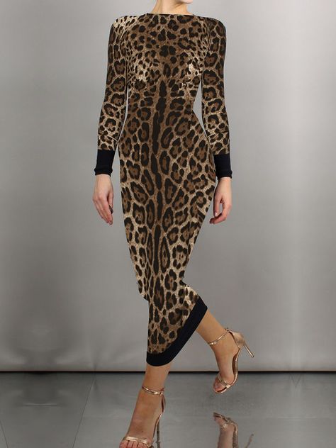 Tight High Elasticity Elegant Boat Neck Long Sleeve Leopard Maxi Dress | stylewe Elegant Fitted Leopard Print Dress, Leopard Print Long Sleeve Midi Dress For Fall, Fall Chic Leopard Print Maxi Dress, Chic Long Sleeve Leopard Print Dress, Fitted Leopard Print Long Sleeve Midi Dress, Inexpensive Dresses, Leopard Maxi Dress, Casual Edgy, Dress Name