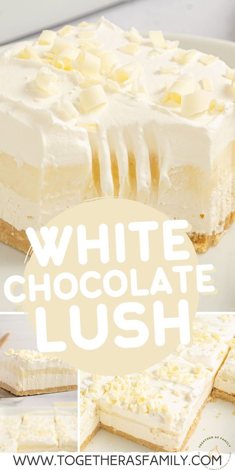 White Chocolate Lasagna - also called a layered lush dessert - is a creamy, fluffy, one pan dessert featuring layers of whipped cream, white chocolate pudding, cream cheese, and a buttery Golden Oreos cookie crust. Chocolate Lush Pie, Lush Cake Recipes, Vanilla Lasagna Dessert, Pudding And Cream Cheese Desserts, White Pudding, Vanilla Lush Dessert, All White Desserts, Recipes With White Chocolate Pudding, Chocolate And Vanilla Desserts