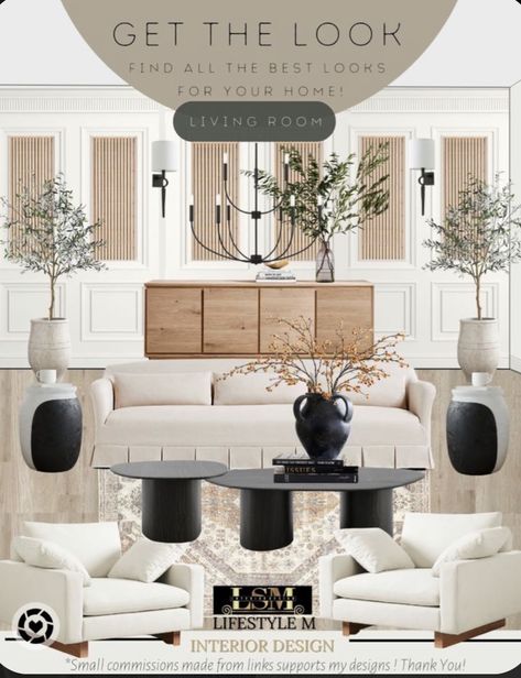 Cream Living Room With Black Accents, Black White And Brown Living Room, Norre Media Console, Beige Black And White Living Room, Black And Cream Living Room, Desert Living Room, Modern Living Room Black, Beige Furniture, Organic Modern Living Room