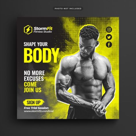 Gym Advertising, Crossfit Diet, Square Template, Free Social Media Templates, Realtor Social Media, Gym Poster, Types Of Social Media, Facebook Cover Design, Desain Editorial