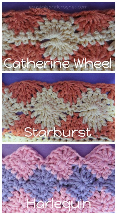 Here's a tutorial on three similar but distinct #crochet stitches. Catherine Wheel, Harlequin, and Starburst. Though they do look very similar they are in fact three quite different stitches. Wheel Crochet, Catherine Wheel, Different Crochet Stitches, Popular Crochet, Crochet Stitches For Blankets, Beginner Crochet Tutorial, Stitch Crochet, Crochet Stitches Tutorial, Crochet Stitches Patterns