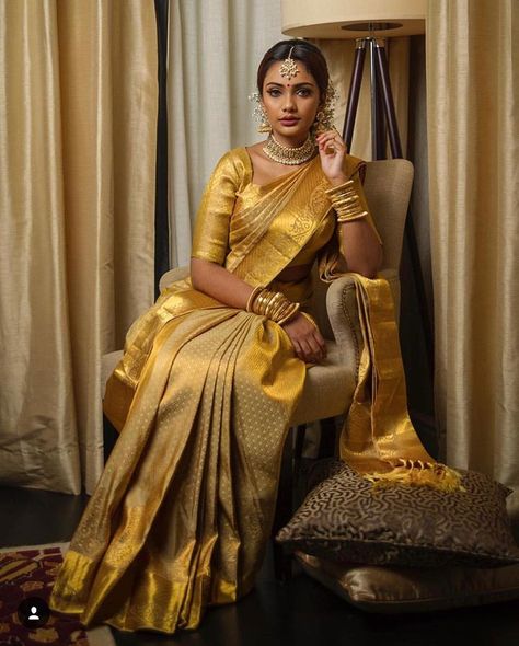 KANCHEEVARAM, A Textile Tradition. Featuring @elsajanice Wearing Our Limited Edition Silks. A Collection Made Especially For You. Visit… Golden Silk Saree Bridal, Golden Saree Look, Golden Silk Saree, Indian Bridal Shoes, Silk Saree Bridal, South Indian Wedding Saree, Shoes Bridesmaid, Golden Saree, Saree Bollywood