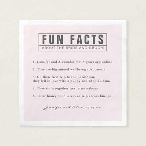 Bride and Groom Fun Facts Blush Pink Paper Napkin #Ad , #Ad, #Blush#Facts#Paper#Pink Brunch Table Decorations, Wedding Brunch Reception, Pink Table Settings, Dinners Ideas, Wedding Typography, Cocktail Hour Wedding, Blue Watercolor Floral, Bridal Shower Food, Bridal Shower Tea