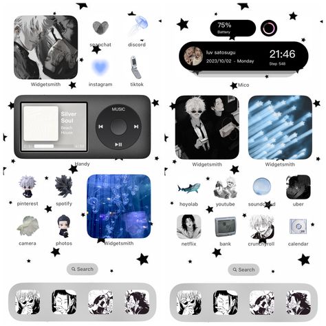 Satosugu Phone Theme, Jjk Ios Layout, Jjk Phone Layout, Jjk Homescreen Layout, Jjk Themed Phone, Jjk Phone Theme, Anime Homescreen Ideas, Jjk App Icons, Gojo Homescreen