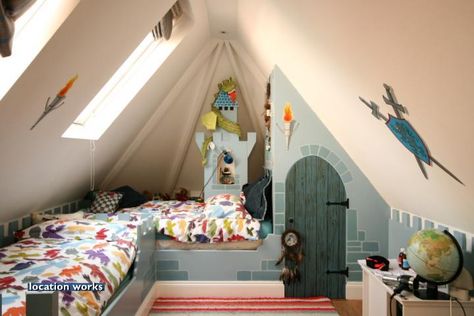 Location Works: large houses Upstairs Bedroom Ideas Slanted Ceiling, Attic Kids Room, Loft Bedroom Ideas Sloped Ceiling, Attic Kids Bedroom, Finished Attic Ideas, Kids Attic Bedrooms, Sloped Ceiling Bedroom Ideas, Loft Bedroom Kids, Bedroom Sloped Ceiling