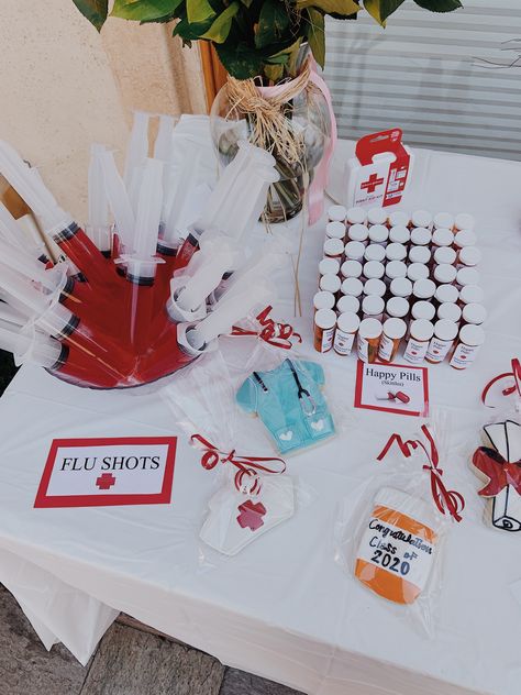 Nurse Themed Party Ideas, White Coat Party Decorations, Nursing Grad Decorations, Medical Decorations Party, Nursing Theme Party, Medical Theme Party Ideas, Nurse Graduation Ideas Themed Parties, Nurse Graduation Party Themes, College Graduation Party Ideas Nursing