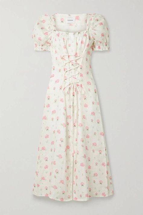 Laura Lombardi, French Films, Linen Midi Dress, Fairy Dress, Pink Midi Dress, Pink Outfits, Corset Style, Puffed Sleeves, Short Pajama Set