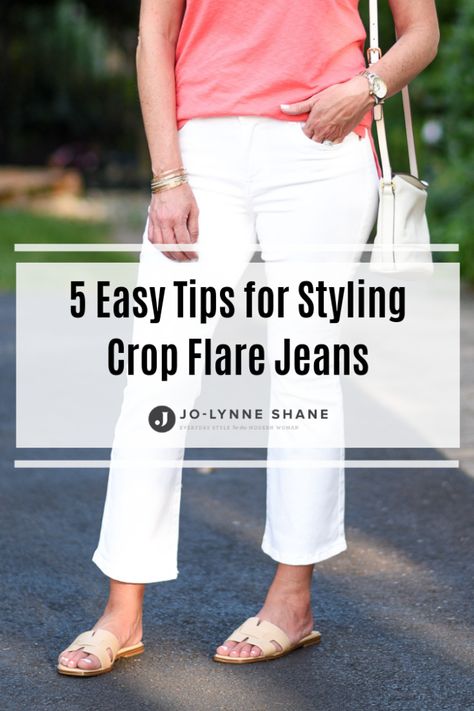 5 Easy Tips for Styling Crop Flare Jeans: How to wear kick flares for summer | Fashion for Women Over 40 White Crop Flare Jeans Outfit, How To Crop Flare Jeans, Kick Jeans Outfits, Kick Crop Jeans Outfit Summer, White Kick Crop Jeans Outfit, White Kick Flare Jeans Outfit, How To Wear Cropped Flare Jeans, Flare Ankle Jeans Outfit, Crop Flair Jeans Outfit