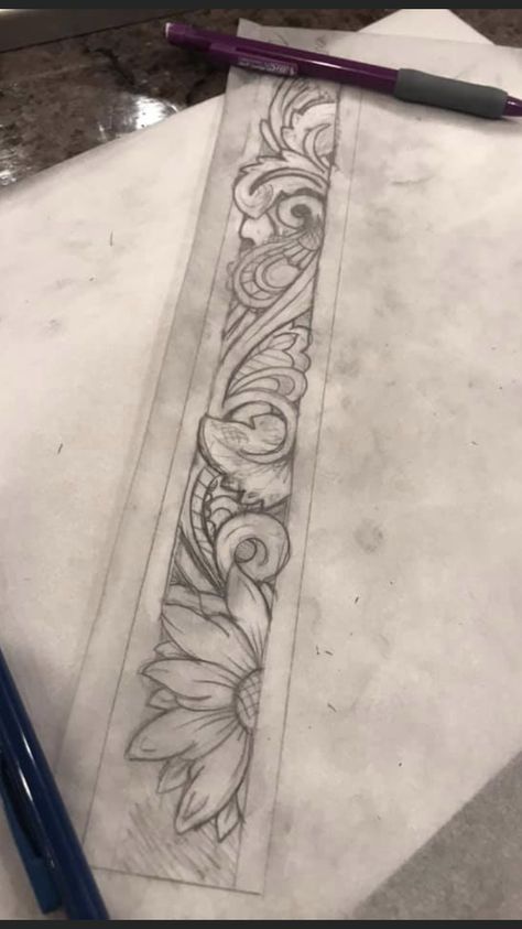 Leather Belt Tooling Pattern, Tooled Leather Drawing, Tooled Leather Tattoo Design Western, Leather Design Tattoo, Western Leather Work Tattoo, Western Armband Tattoo, Tooled Leather Tattoo Design, Floral Tooling Patterns, Hand Tooled Leather Patterns