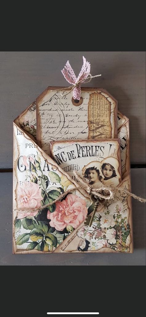 Vintage Card Ideas, Altered Postcards, Valentines Journal, Cluster Embellishments, Tag Books, Treasure Books, Pocket Ideas, Shabby Chic Tags, Victorian Crafts