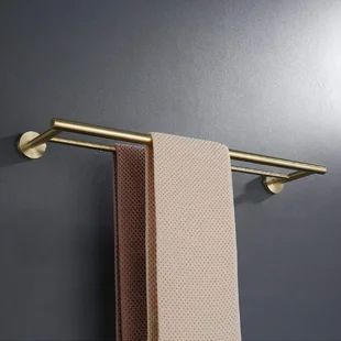 Double Towel Bar | Wayfair Brass Double Towel Bar, Brushed Gold Towel Bar, Gold Towel Bar Bathroom, Double Towel Bar Ideas, Towel Bar Bathroom, Bath Redo, Double Towel Bar, Decorating Bathroom, Bathroom Towel Bar