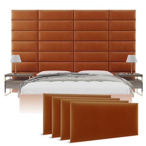 PRICES MAY VARY. Transform Your Space - Create a stunning focal point with a wall-mounted headboard. The headboard panels add a touch of sophistication and style to any room. Convenient Package - Each box contains 4 wall panels in 11.5"H by 30"W or 39"W that fits perfectly whether as upholstered headboard queen or wall mounted headboard king, or twin and full size. Mounting hardware is included in every package for your convenience. Soundproof Sanctuary – With an impressive 0.95 NRC rating, thes Headboard Ideas Full Size Bed, Moody Bedroom Headboard, Mounted Headboard To Wall, King Beds Master Bedrooms, Mans Bedroom Decor, Modular Headboard, Headboard Alternative Ideas, Extra Wide Headboard, Bed In Corner Of Room Against Wall