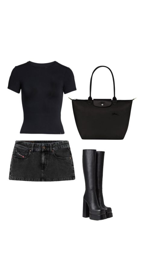 #outfit #summer #black #miniskirt #boots #platformboots #longchampbag #bag #skimstop Black Miniskirt Outfits Summer, Black Miniskirt Outfits, Miniskirt Outfits Summer, Black Miniskirt, Miniskirt Outfits, Summer Black, Outfit Summer, Outfits Summer, Black Outfit