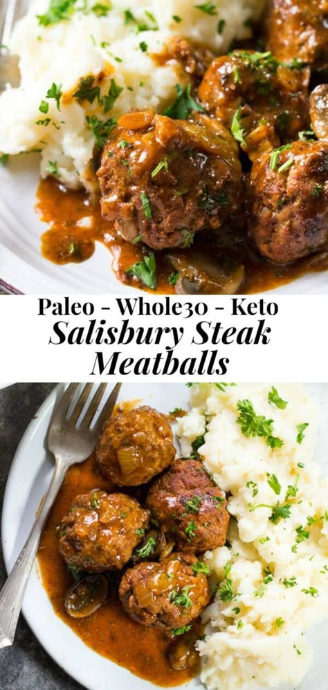 Paleo Salisbury Steak, Meatballs Paleo, Salisbury Steak Meatballs, Meatball Dinner, Whole30 Dinner Recipes, Easy Whole 30 Recipes, Whole30 Dinners, Paleo Beef, Salisbury Steak