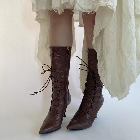 I might be biased but you should probably buy this on Depop 👍 https://depop.app.link/A90gG9jtQxb Victorian Boots Aesthetic, Victorian Style Boots, Heeled Brown Boots Outfit, Fairy Boots, Corset Boots, Brown Leather Lace Up Boots, Tie Up Boots, Whimsical Shoes, Victorian Boots