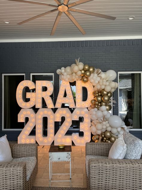 Balloon garland for a classy graduation party. Alpha lit waco letters Grad Letters, Classy Graduation Party, Balloon Inspiration, Graduation 2025, Graduation 2024, Prom Decor, Gold Balloons, Grad Party, Grad Parties